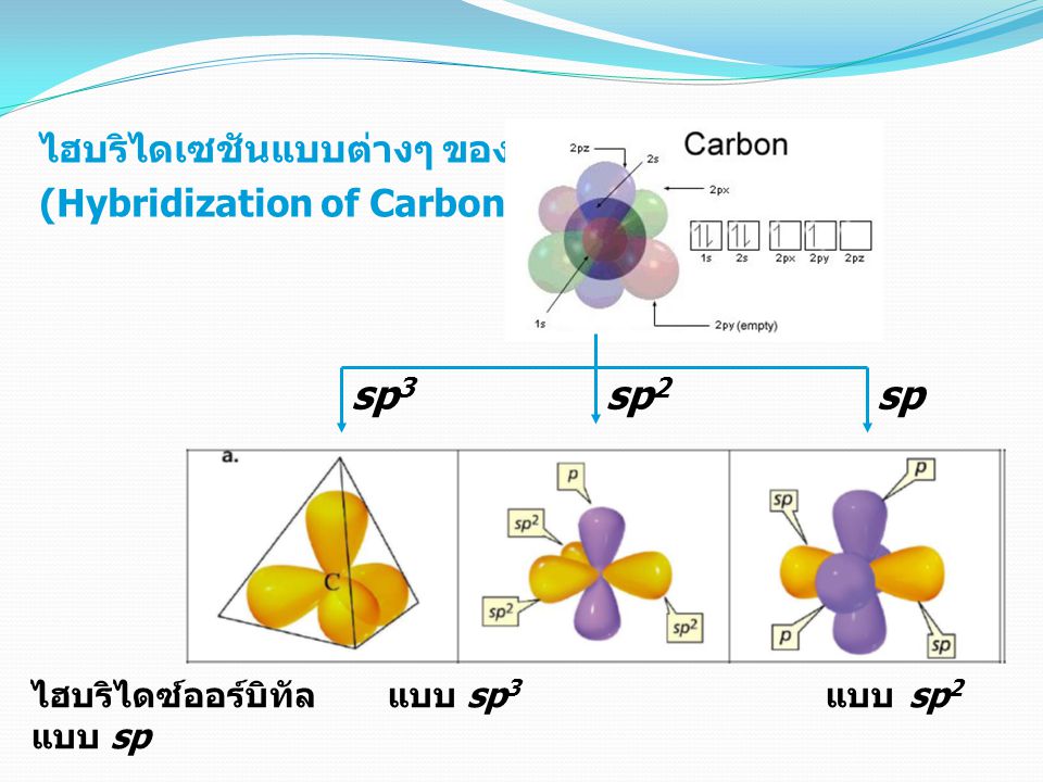 sp3 sp2 sp ไฮบริไดเซชันแบบต่างๆ ของ C (Hybridization of Carbon)