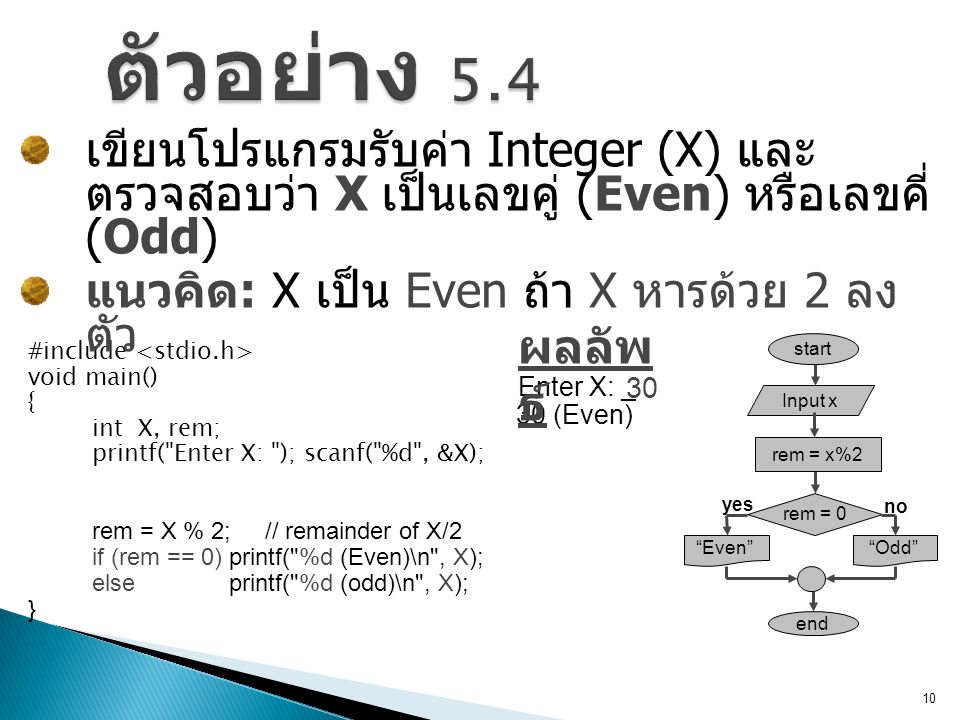 ตัวอย่าง 5.4 เขียนโปรแกรมรับค่า Integer (X) และตรวจสอบว่า X เป็นเลขคู่ (Even) หรือเลขคี่ (Odd) แนวคิด: X เป็น Even ถ้า X หารด้วย 2 ลงตัว.