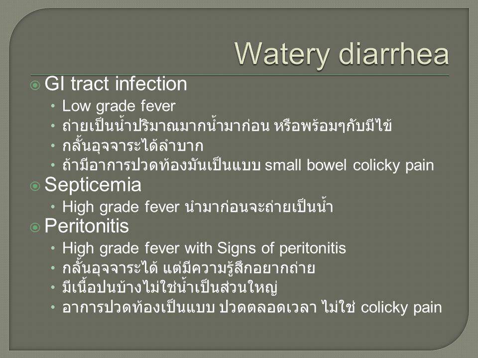 Watery diarrhea GI tract infection Septicemia Peritonitis