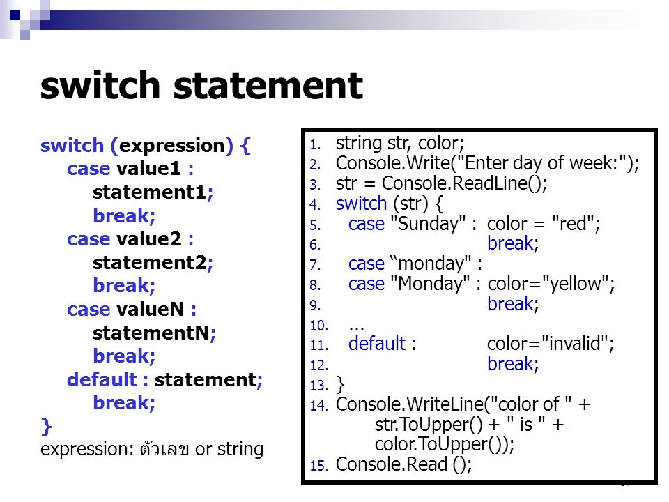 switch statement switch (expression) { case value1 : statement1;