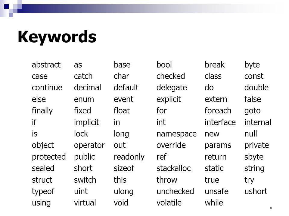 Keywords abstract as base bool break byte