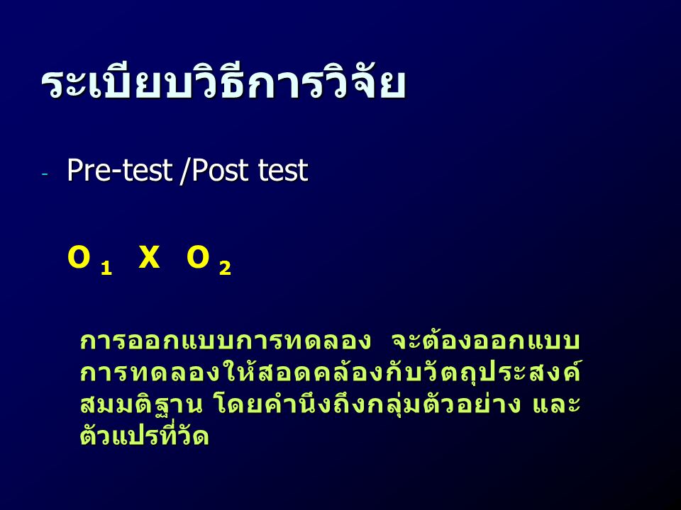 ระเบียบวิธีการวิจัย Pre-test /Post test O 1 X O 2