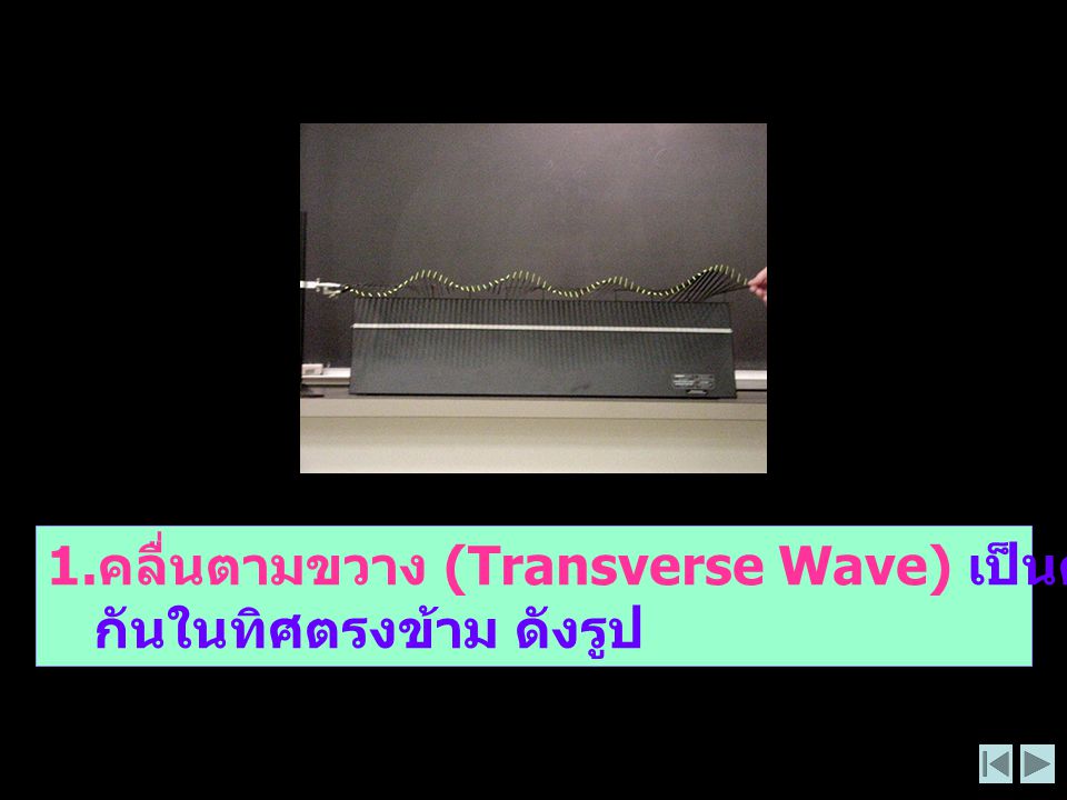 1.คลื่นตามขวาง (Transverse Wave) เป็นคลื่นที่ทำให้เกิดส่วนที่โค้งสลับ