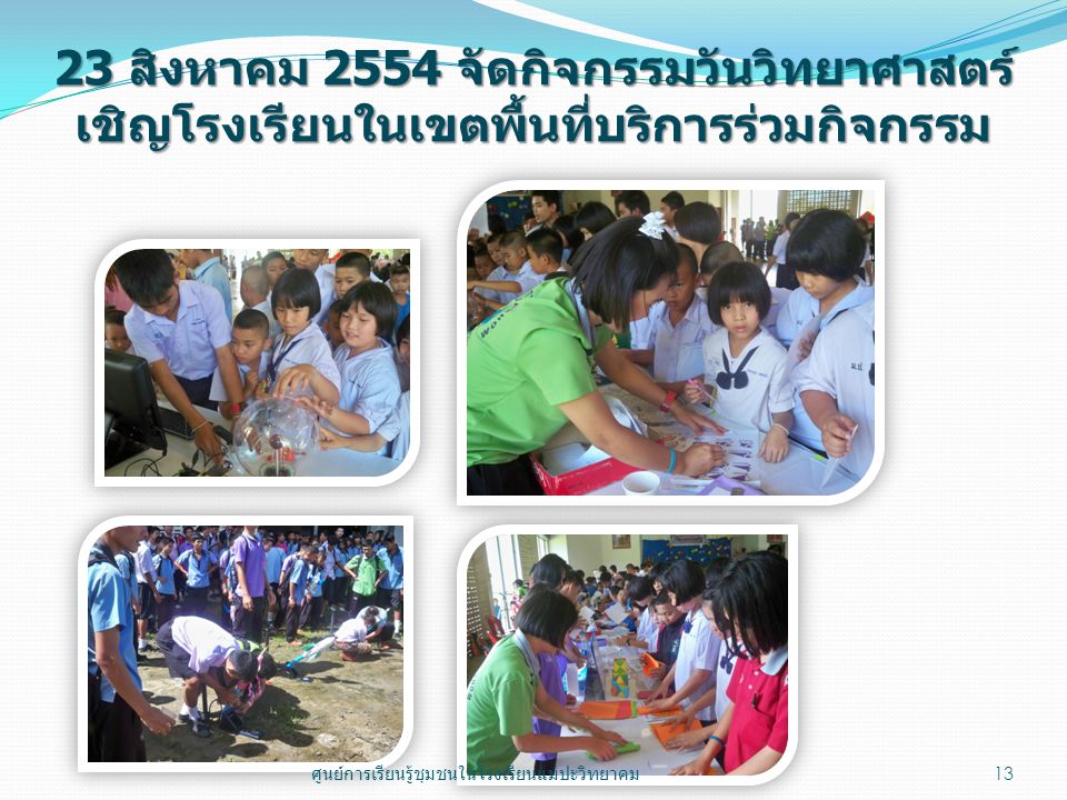 23 สิงหาคม 2554 จัดกิจกรรมวันวิทยาศาสตร์ เชิญโรงเรียนในเขตพื้นที่บริการร่วมกิจกรรม