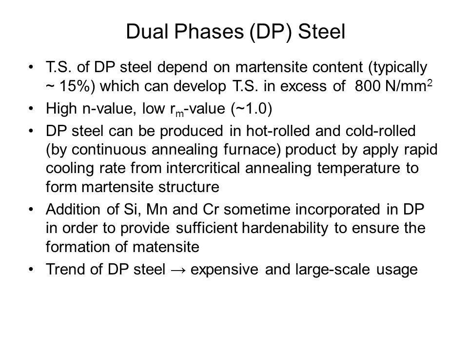 Dual Phases (DP) Steel T.S. of DP steel depend on martensite content (typically ~ 15%) which can develop T.S. in excess of 800 N/mm2.
