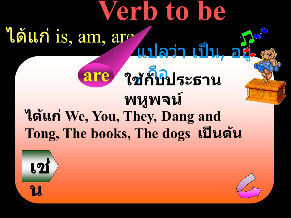 Verb to be ได้แก่ is, am, are are เช่น แปลว่า เป็น, อยู่, คือ