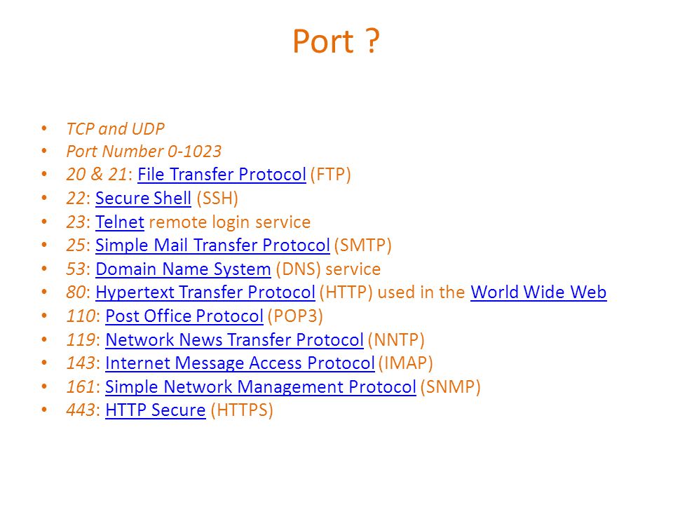 Port 20 & 21: File Transfer Protocol (FTP) 22: Secure Shell (SSH)