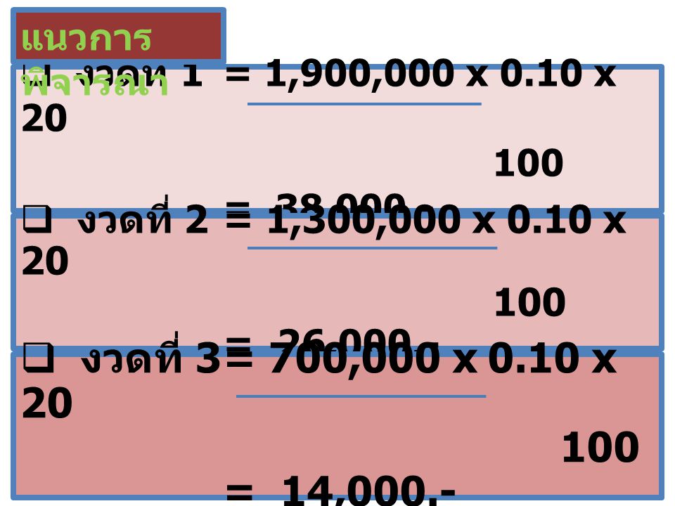 แนวการพิจารณา งวดที่ 1 = 1,900,000 x 0.10 x = 38,000.-