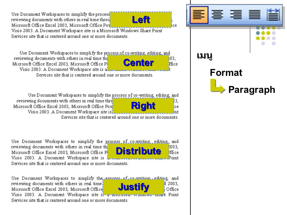 Left เมนู Format Paragraph Center Right Distribute Justify