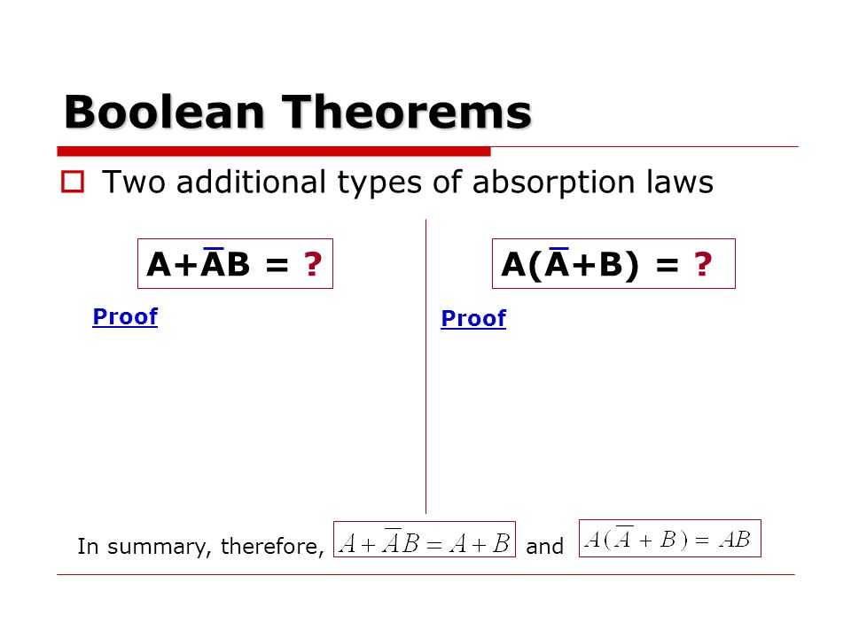Boolean Theorems A+AB = A(A+B) =