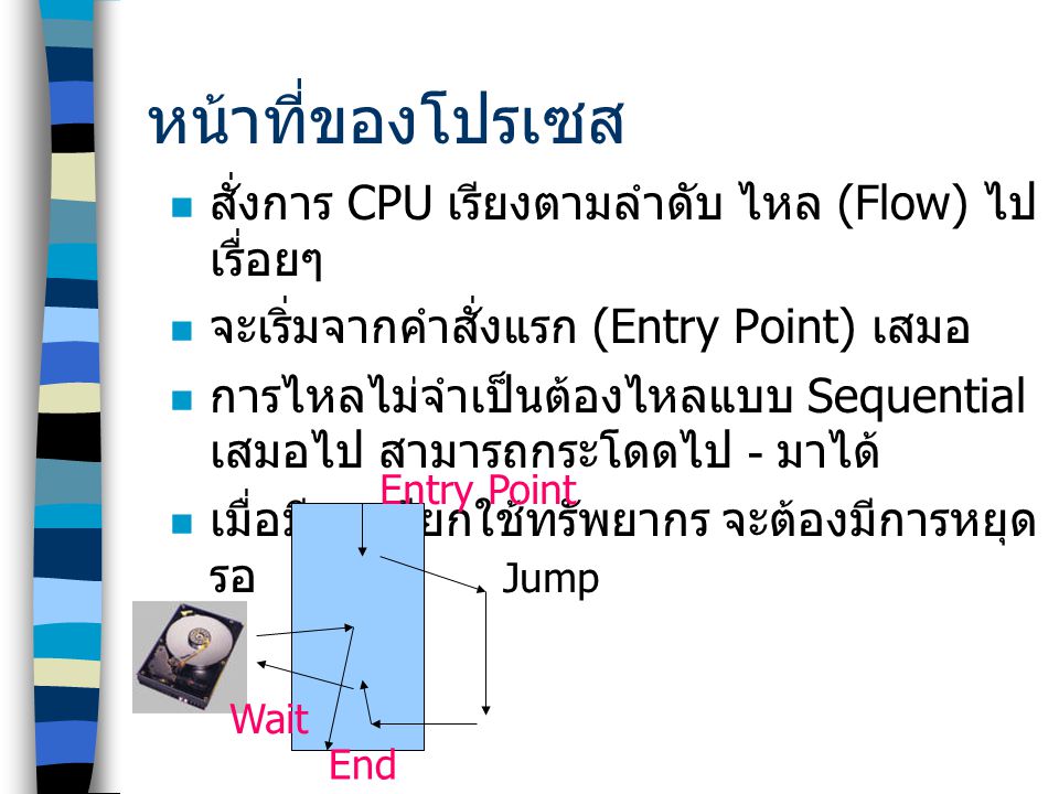 หน้าที่ของโปรเซส สั่งการ CPU เรียงตามลำดับ ไหล (Flow) ไปเรื่อยๆ