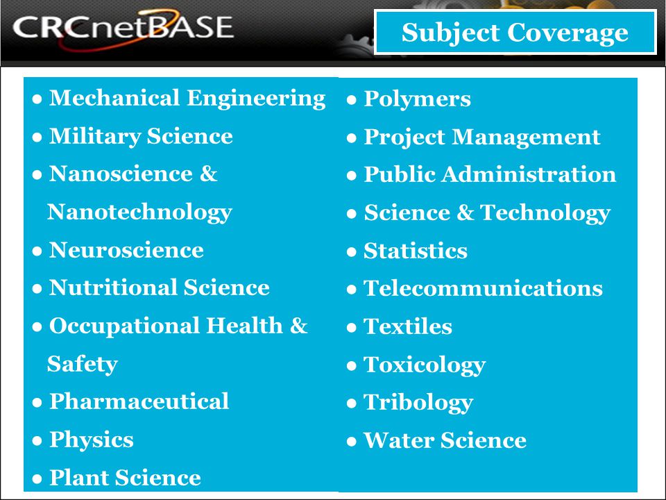 Subject Coverage Mechanical Engineering Polymers Military Science