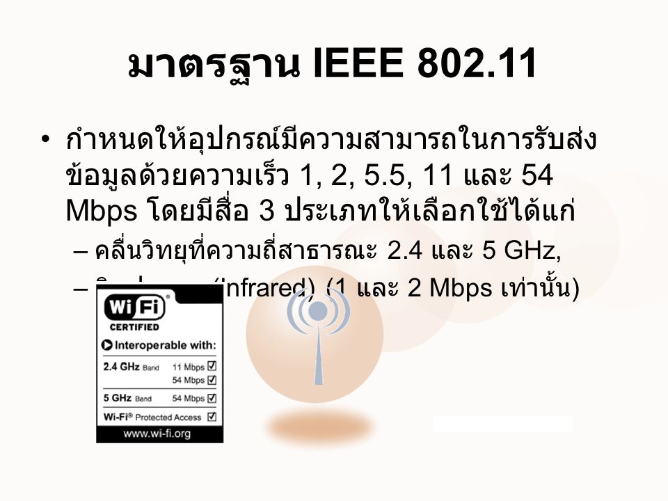มาตรฐาน IEEE กำหนดให้อุปกรณ์มีความสามารถในการรับส่งข้อมูลด้วยความเร็ว 1, 2, 5.5, 11 และ 54 Mbps โดยมีสื่อ 3 ประเภทให้เลือกใช้ได้แก่