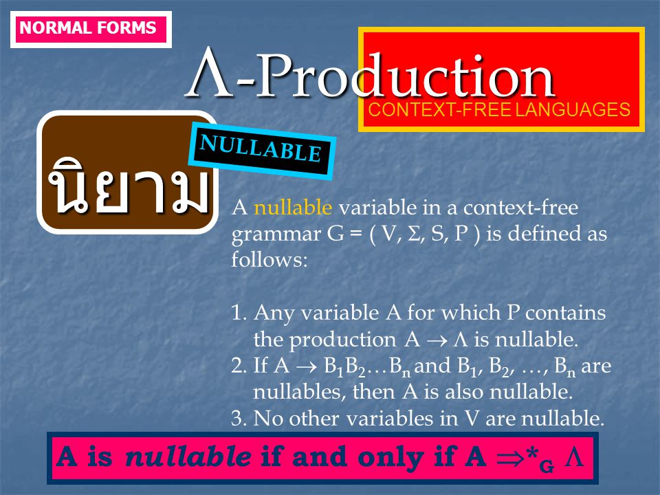 นิยาม -Production A is nullable if and only if A *G  NULLABLE
