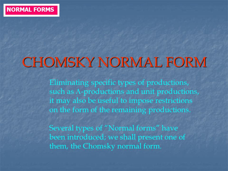CHOMSKY NORMAL FORM Eliminating specific types of productions,