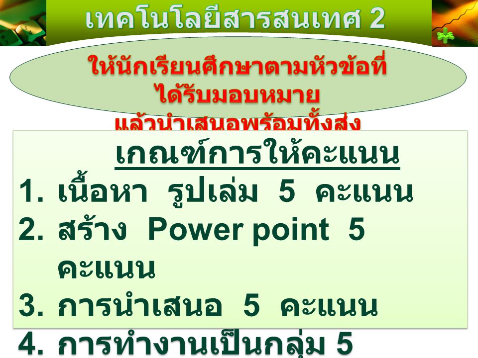 สร้าง Power point 5 คะแนน การนำเสนอ 5 คะแนน การทำงานเป็นกลุ่ม 5 คะแนน