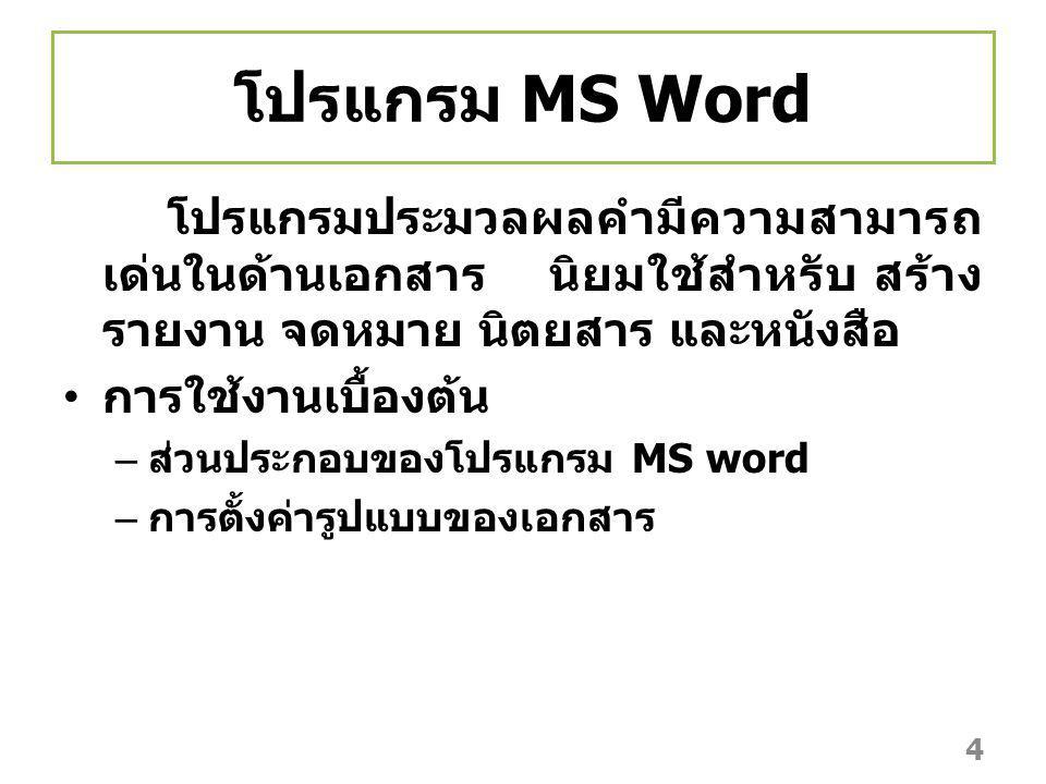 โปรแกรม MS Word โปรแกรมประมวลผลคำมีความสามารถเด่นในด้านเอกสาร นิยมใช้สำหรับ สร้างรายงาน จดหมาย นิตยสาร และหนังสือ.