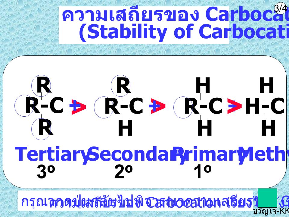 > R-C + R R-C + R H R-C + H H-C + H ความเสถียรของ Carbocation
