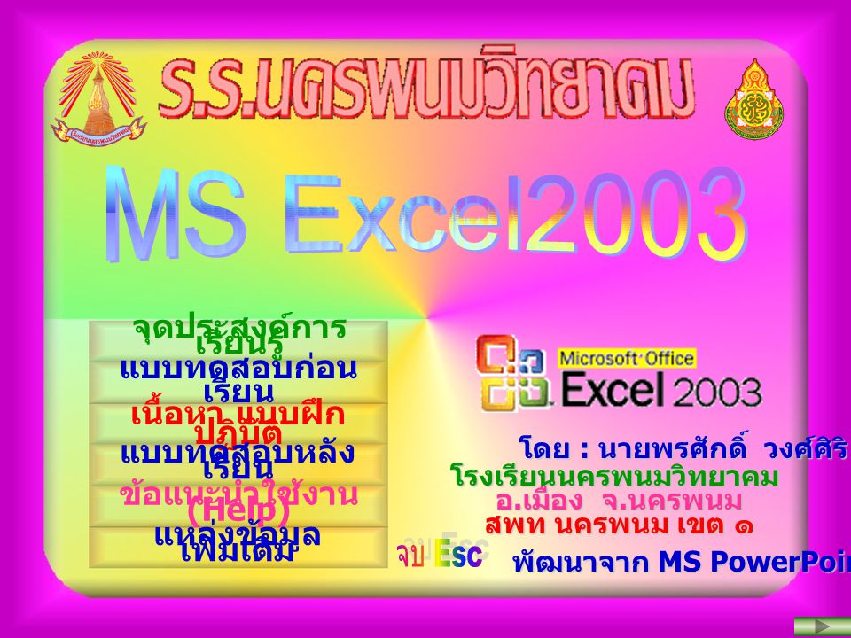 MS Excel2003 จุดประสงค์การเรียนรู้ แบบทดสอบก่อนเรียน