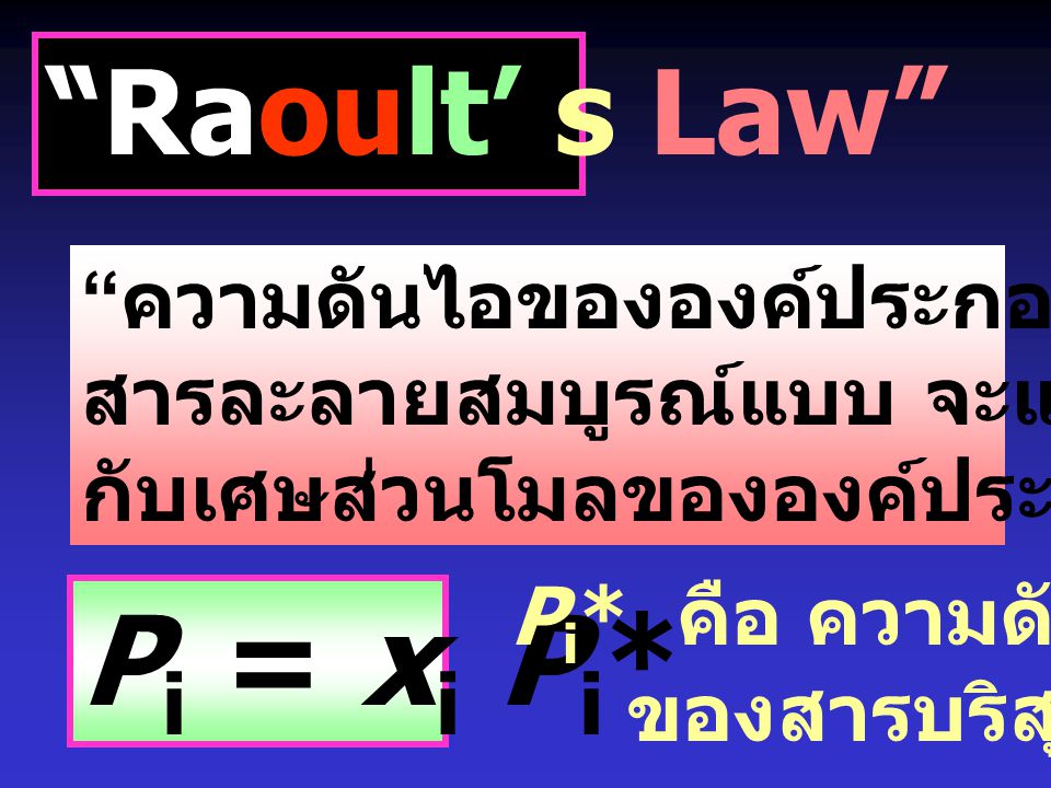 Pi = xi Pi* Raoult’ s Law ความดันไอขององค์ประกอบของ