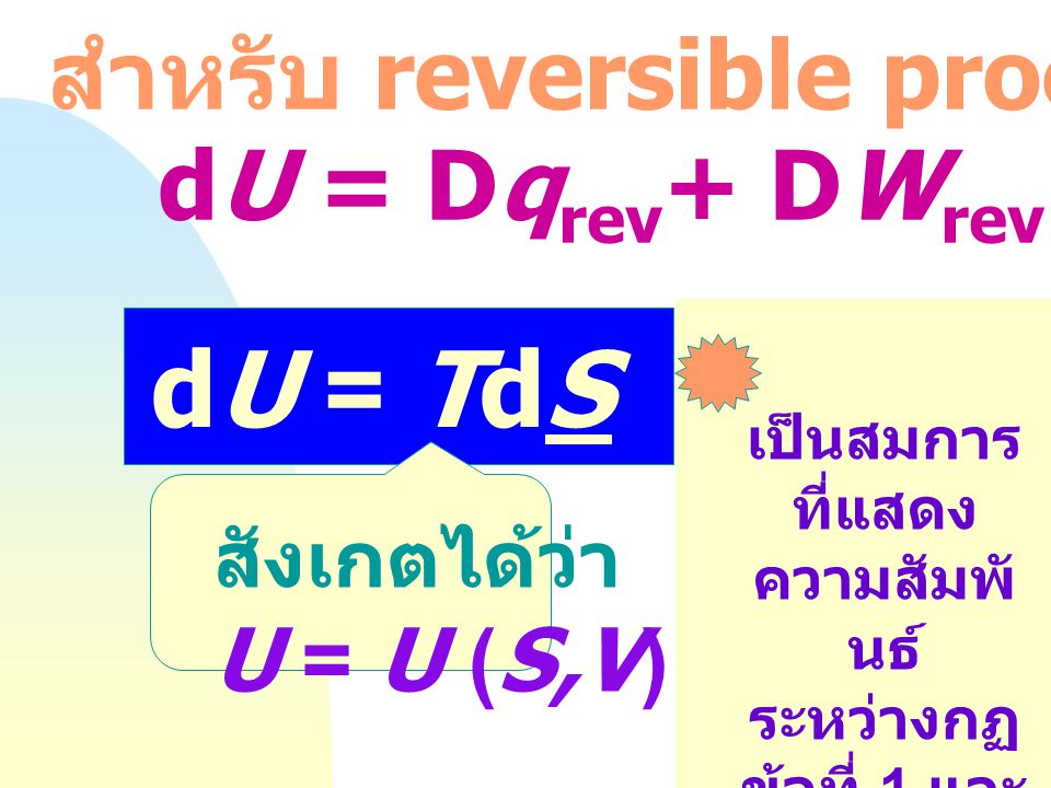 dU = TdS - PdV สำหรับ reversible process : dU = Dqrev+ DWrev