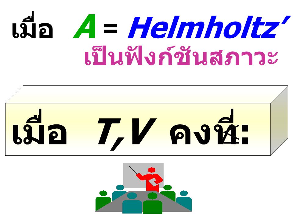 เมื่อ T,V คงที่: dA O เมื่อ A = Helmholtz’ Free Energy