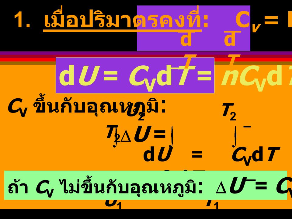dU = CVdT = nCVdT DU = 1. เมื่อปริมาตรคงที่: Cv = DqV = dU dT dT