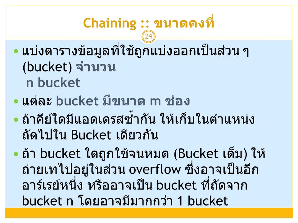 Chaining :: ขนาดคงที่ แบ่งตารางข้อมูลที่ใช้ถูกแบ่งออกเป็นส่วน ๆ (bucket) จำนวน n bucket. แต่ละ bucket มีขนาด m ช่อง.