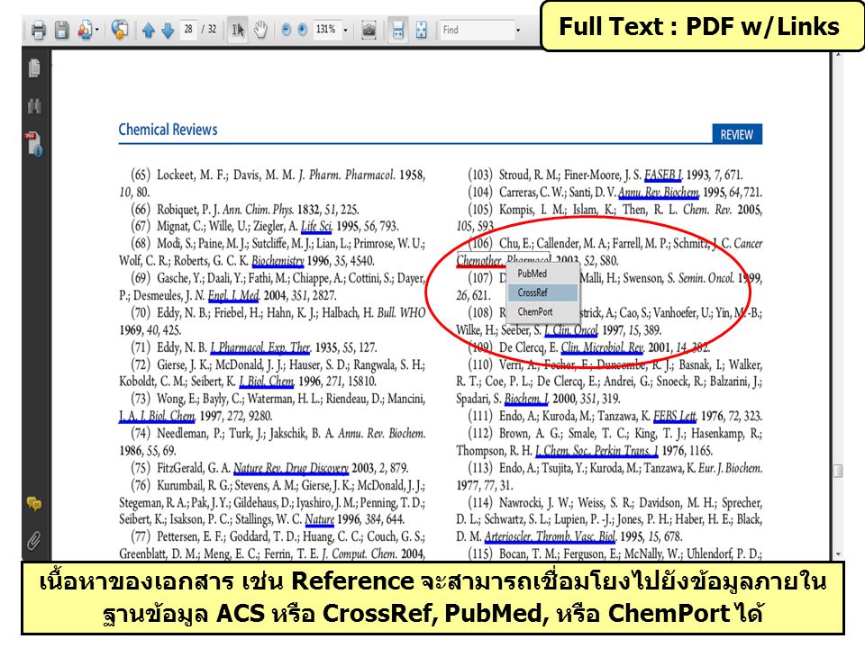 Full Text : PDF w/Links เนื้อหาของเอกสาร เช่น Reference จะสามารถเชื่อมโยงไปยังข้อมูลภายในฐานข้อมูล ACS หรือ CrossRef, PubMed, หรือ ChemPort ได้