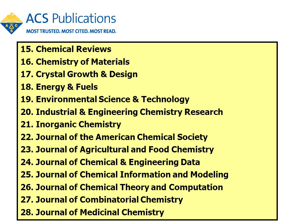 15. Chemical Reviews 16. Chemistry of Materials. 17. Crystal Growth & Design. 18. Energy & Fuels.