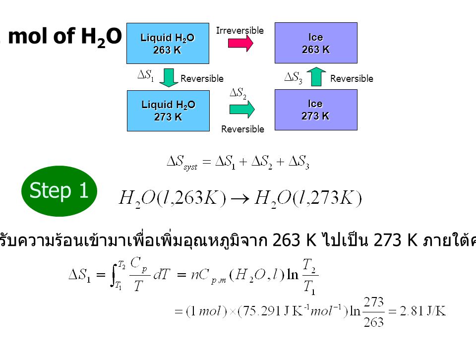 1 mol of H2O Liquid H2O. 263 K. Ice. 273 K. Reversible. Irreversible. Step 1.