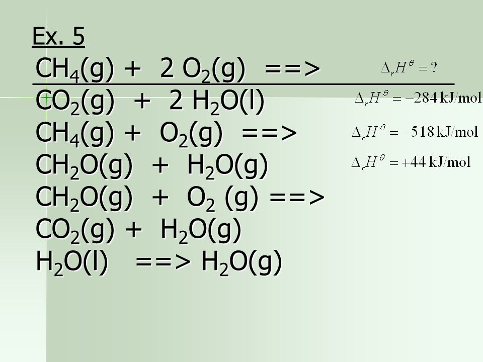 CH4(g) + 2 O2(g) ==> CO2(g) + 2 H2O(l)