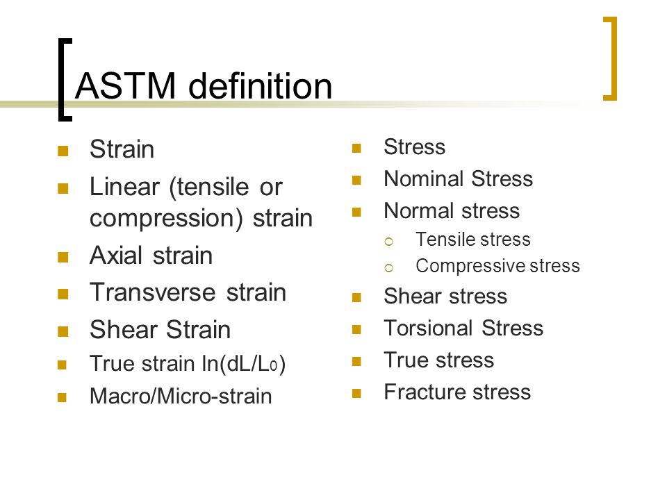 ASTM definition Strain Linear (tensile or compression) strain