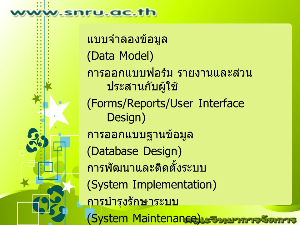 แบบจำลองข้อมูล (Data Model) การออกแบบฟอร์ม รายงานและส่วนประสานกับผู้ใช้ (Forms/Reports/User Interface Design)