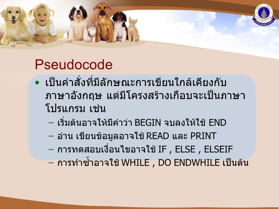 Pseudocode เป็นคำสั่งที่มีลักษณะการเขียนใกล้เคียงกับภาษาอังกฤษ แต่มีโครงสร้างเกือบจะเป็นภาษาโปรแกรม เช่น.