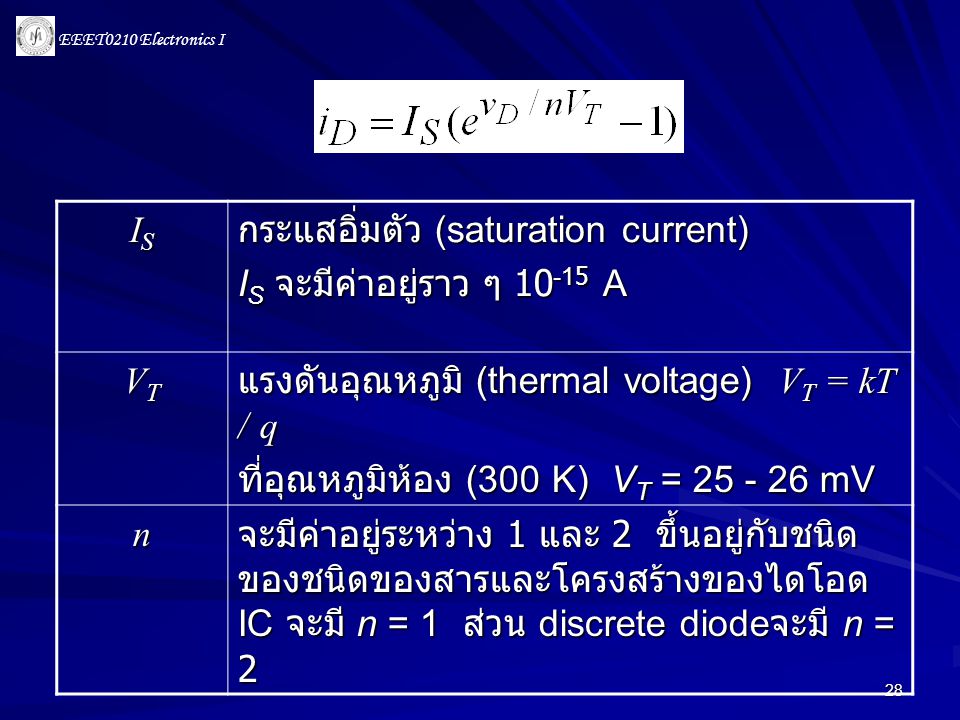 IS กระแสอิ่มตัว (saturation current) IS จะมีค่าอยู่ราว ๆ A. VT. แรงดันอุณหภูมิ (thermal voltage) VT = kT / q.