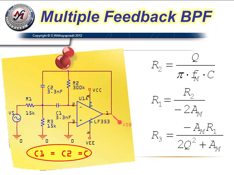 Multiple Feedback BPF C1 = C2 =C VDB C2 3.3nF C1 U1A LF