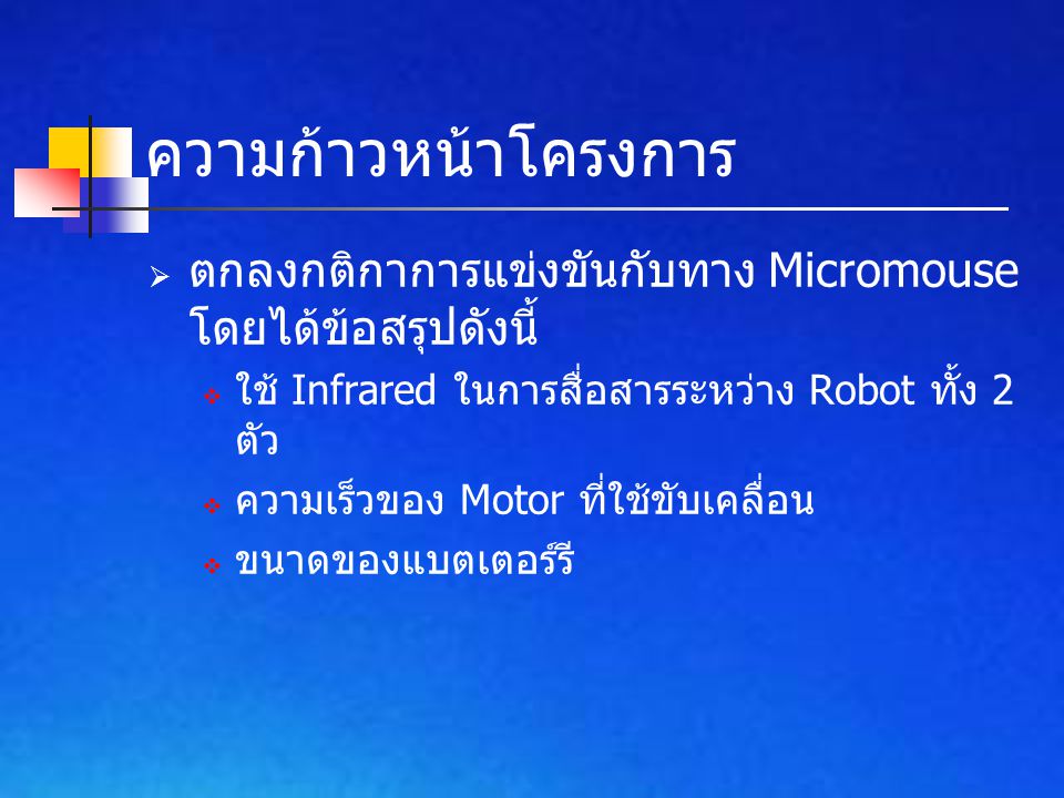 ความก้าวหน้าโครงการ ตกลงกติกาการแข่งขันกับทาง Micromouse โดยได้ข้อสรุปดังนี้ ใช้ Infrared ในการสื่อสารระหว่าง Robot ทั้ง 2 ตัว.