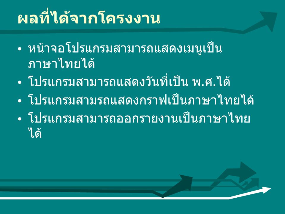 ผลที่ได้จากโครงงาน หน้าจอโปรแกรมสามารถแสดงเมนูเป็นภาษาไทยได้