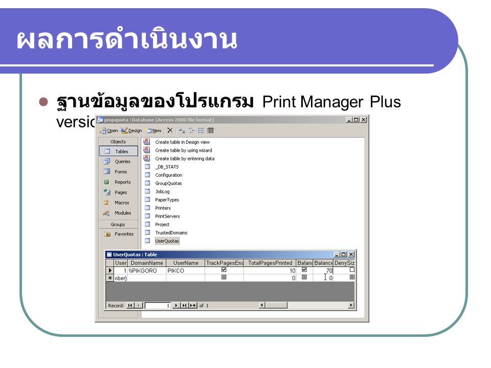 ผลการดำเนินงาน ฐานข้อมูลของโปรแกรม Print Manager Plus version
