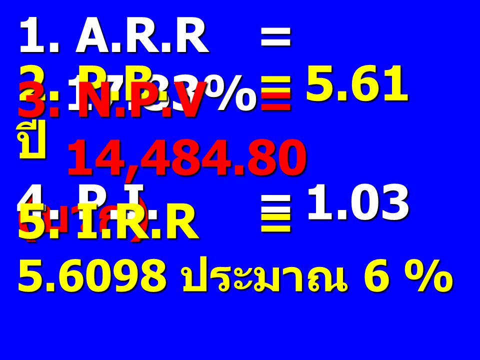 1. A.R.R = 17.83% 2. P.B. = 5.61 ปี 3. N.P.V = 14, (บวก) 4.