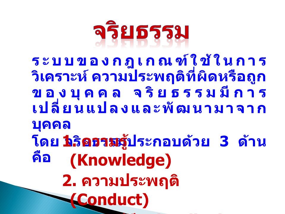 จริยธรรม 1. ความรู้ (Knowledge) 2. ความประพฤติ (Conduct)