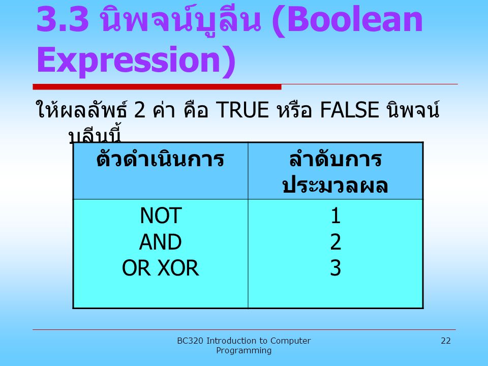 3.3 นิพจน์บูลีน (Boolean Expression)
