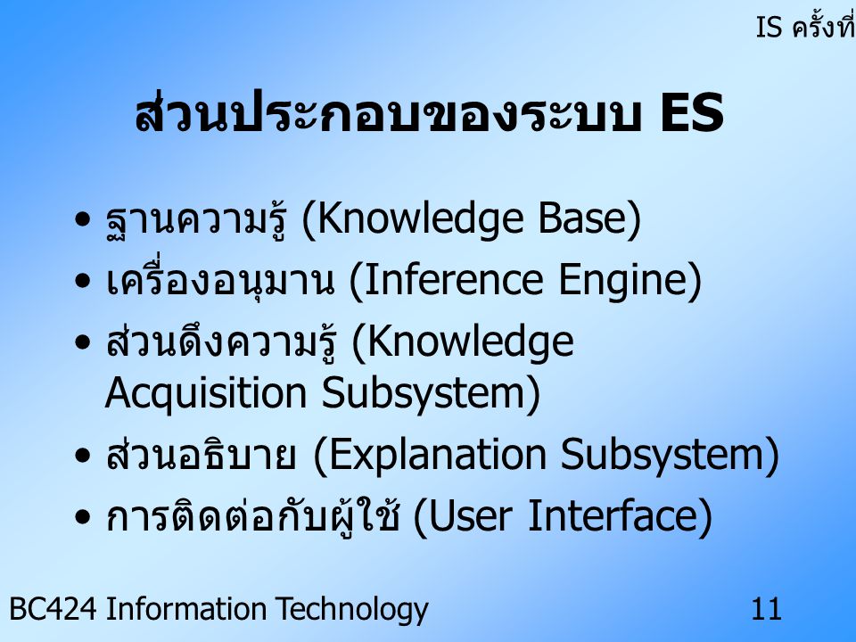 ส่วนประกอบของระบบ ES ฐานความรู้ (Knowledge Base)