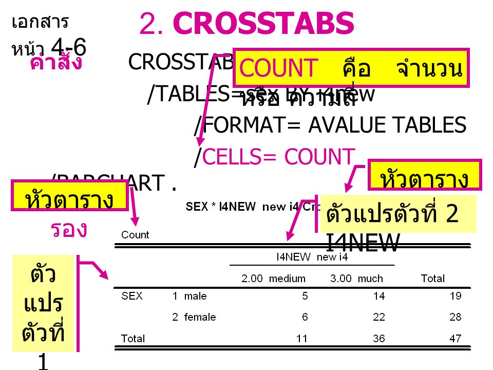 2. CROSSTABS COUNT คือ จำนวน หรือ ความถี่ หัวตารางหลัก หัวตารางรอง