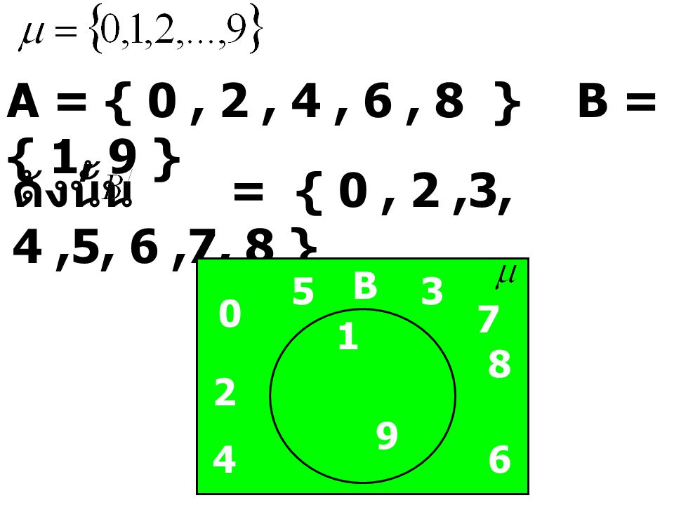 A = { 0 , 2 , 4 , 6 , 8 } B = { 1, 9 } ดังนั้น = { 0 , 2 ,3, 4 ,5, 6 ,7, 8 } B