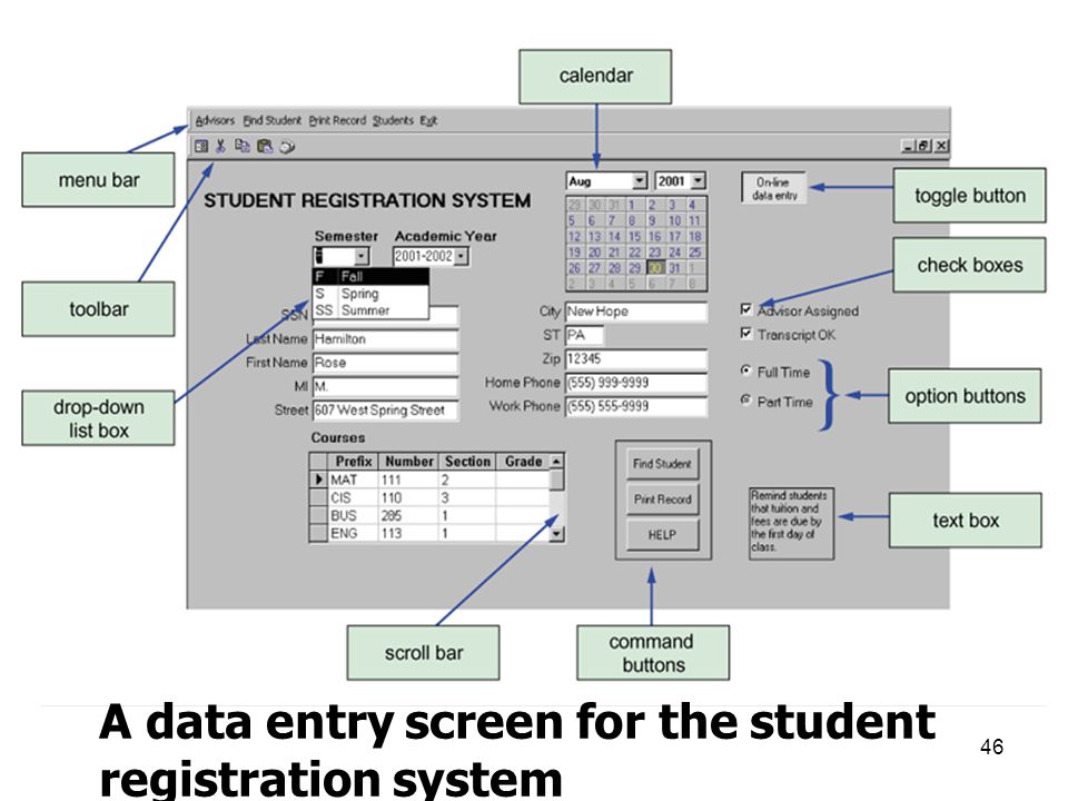 A data entry screen for the student registration system