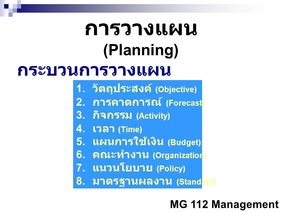 การวางแผน (Planning) กระบวนการวางแผน วัตถุประสงค์ (Objective)