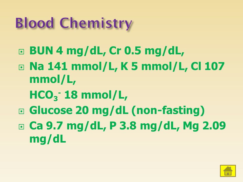 Blood Chemistry BUN 4 mg/dL, Cr 0.5 mg/dL,