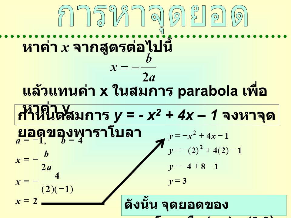 หาค่า x จากสูตรต่อไปนี้ แล้วแทนค่า x ในสมการ parabola เพื่อหาค่า y